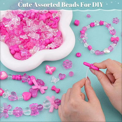Assorted 200-260PCS Rose Pink Acrylic Beads for Bracelet Making, Flower Bow GummyBear Bracelet Charms,Cute Beads for Jewelry Making DIY Necklace Keychain Phone Charm Christmas Gift