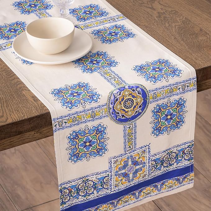 Maison d' Hermine Tablerunners 100% Combed Cotton Premium Table Runner Decorative Table Cover, Home, Kitchen, Parties & Camping, Sciacca, Double Layer - (14.50"x72")