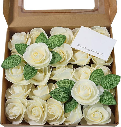 Meldel Artificial Flowers 50pcs Real Looking Beige Foam Fake Roses with Stems for DIY Wedding Bouquets Bridal Shower Centerpieces Floral Arrangements Home Decorations