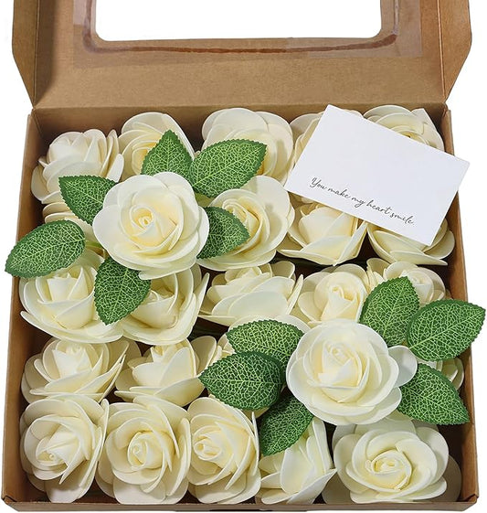 Meldel Artificial Flowers 50pcs Real Looking Beige Foam Fake Roses with Stems for DIY Wedding Bouquets Bridal Shower Centerpieces Floral Arrangements Home Decorations