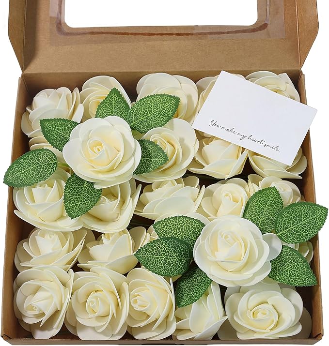 Meldel Artificial Flower 25pcs Real Touch Beige Rose Fake Foam Roses with Stems for DIY Wedding Bouquets Gifts Bridal Shower Faux Floral Centerpieces Arrangements Home Party Tables Decorations