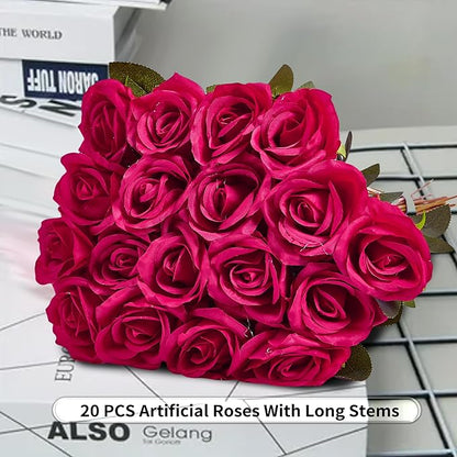 20PCS Artificial Roses with Long Stems - Realistic Silk Flowers, Fake Roses Real Touch Bouquet Roses for Home Decor, Bridal Wedding Table Centerpieces, Faux Rose Flowers (Hot Pink&Pink)
