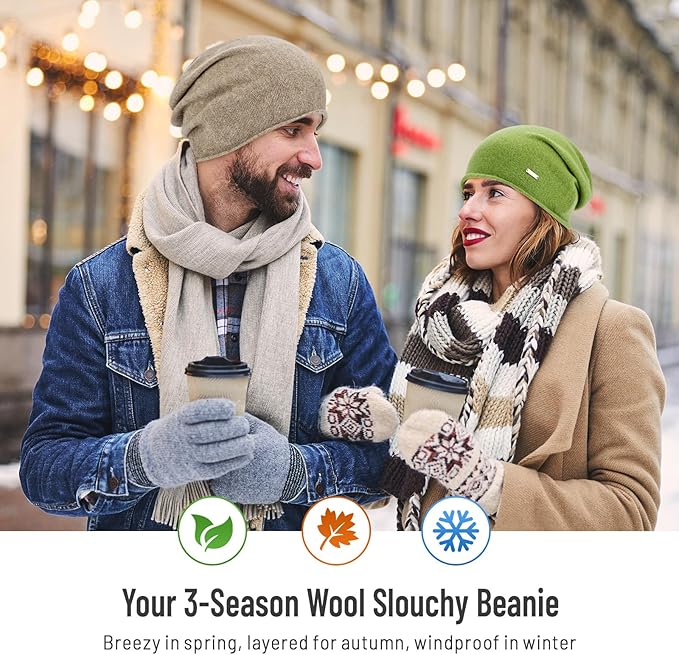 100% Wool Slouchy Beanie, Warm Beanie Hats for Women Breathable Knitting Skull Beanies Cap for Spring Fall Winter
