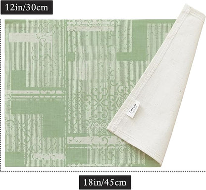 LilyCat Linen Fabric Floral Placemats, Green Stripes Durable Boho Dining Table Mats for Kitchen, Rustic Vintage Washable Place Mats Set of 6, 18’’× 12’’