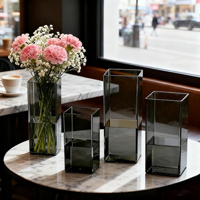 Acrylic Square Flower Vase, Non-breakable Vase, 4" x 4" x 10" Tall Grey Vases for Flower, Large Cube Floral Plant Container, Planter Terrarium for Wedding Party Event, Home Office Decor