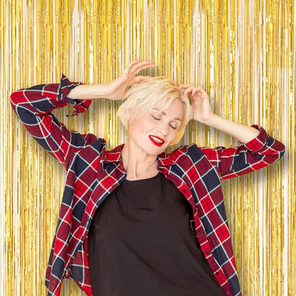3 Pack 3.3 x 8.2 ft Laser Gold Foil Fringe Backdrop Curtains, Tinsel Streamers Birthday Party Decorations, Fringe Backdrop for Graduation, Baby Shower, Gender Reveal, Disco Party