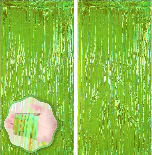 2 Pack 3.3x8.2 Feet Neon Green Foil Fringe Backdrop Curtains, Tinsel Streamers Birthday Party Decorations, Fringe Backdrop for Graduation, Baby Shower, Gender Reveal, Disco Party