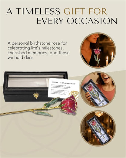 Forever Rose Hand-Dipped in 24K Gold, Ruby Red-Inspired July Birthstone with Sparkles, Real Rose in Leather Case with LED Light – Perfect Ready to Gift for July Birthday or Any Occasion