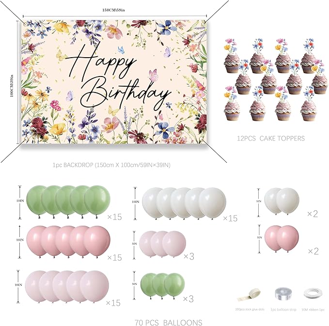 Spring Wildflower Party Decorations For Women,Happy Birthday Banner,Flower Birthday Decorations For Girls,Green Pink White Balloon Arch Kit,Cake toppers