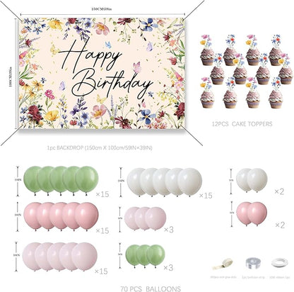 Spring Wildflower Party Decorations For Women,Happy Birthday Banner,Flower Birthday Decorations For Girls,Green Pink White Balloon Arch Kit,Cake toppers