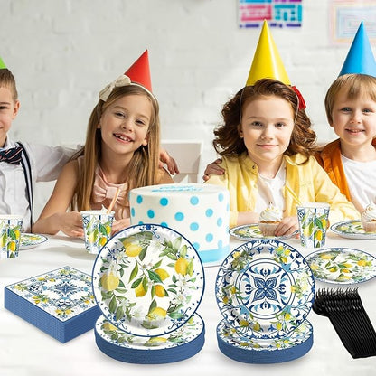 Amalfi Coast Plates and Napkins for Birthday Decorations Kit, Capri Lemon Tableware Supplies for Lemon Theme Summer Decor, Service 24 Guests