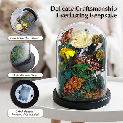 Preserved Rose with Butterfly, LED Forever Flowers in Glass Dome, Eternal Flowe for Women, Birthday Gifts for Mom Friend, Includes Greeting Card & Luxury Gift Box (Green)