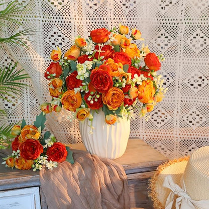 Floweroyal 4 Bunches Peony Artificial Flowers Orange Yellow Flowers Silk Peonies Bouquets for Wedding Party Table Centerpieces Floral Arrangement Home Kitchen Decor