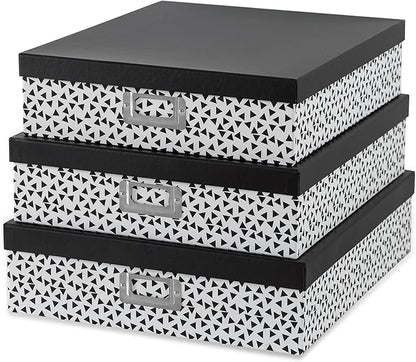 Soul & Lane Decorative Storage Boxes With Lids, Set of 3 Nesting Black and White Letter and Document Box Set for Photos, Scrapbooks, Keepsakes (Whimsical Triangles)