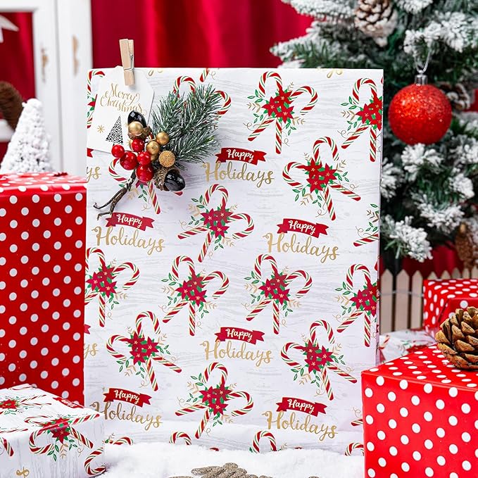 MAYPLUSS Christmas Wrapping Paper Roll - 17 Inch X 33 Feet - Christmas Holly Candy Cane Reversible Polka Dot Gift Wrapping Paper, Thick Wrap Paper for Holiday Party New Year Kids