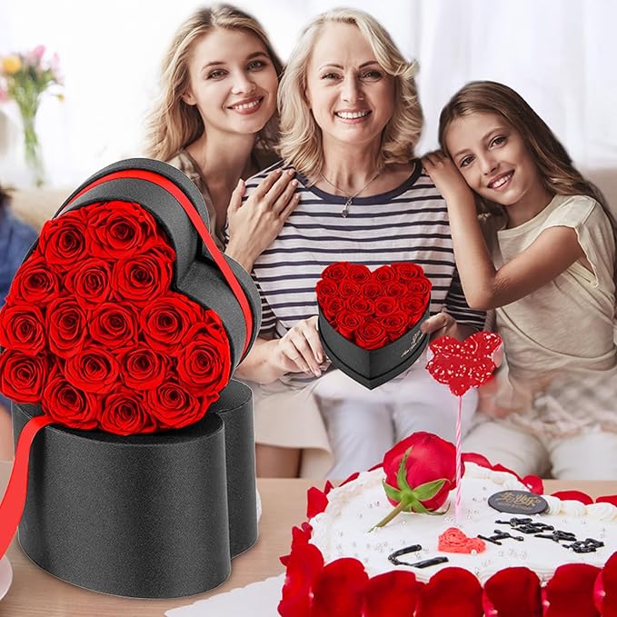 Forever Flowers, 16 Fresh Preserved Rose in Heart Shape Box for Delivery Prime, Eternal Rose for Her Wife Women Anniversary Birthday Red