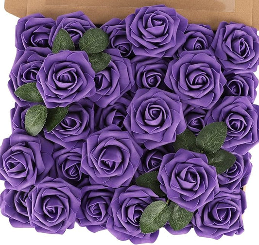 MACTING Purple Artificial Flowers 30PCS Fake Roses with Stem Real Touch Soft Foam Roses for Valentines Day Gifts DIY Wedding Bouquet Table Centerpieces Party Bridal Shower Home Spring Decorations
