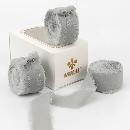 MEEDEE Silver Chiffon Ribbon 1 Inch Frayed Ribbons Gray Chiffon Silk Grey Fringe Ribbon Thin Chiffon Ribbons for Crafts, Gift Wrapping, Wedding Invitation (3 Rolls 21 Yards)