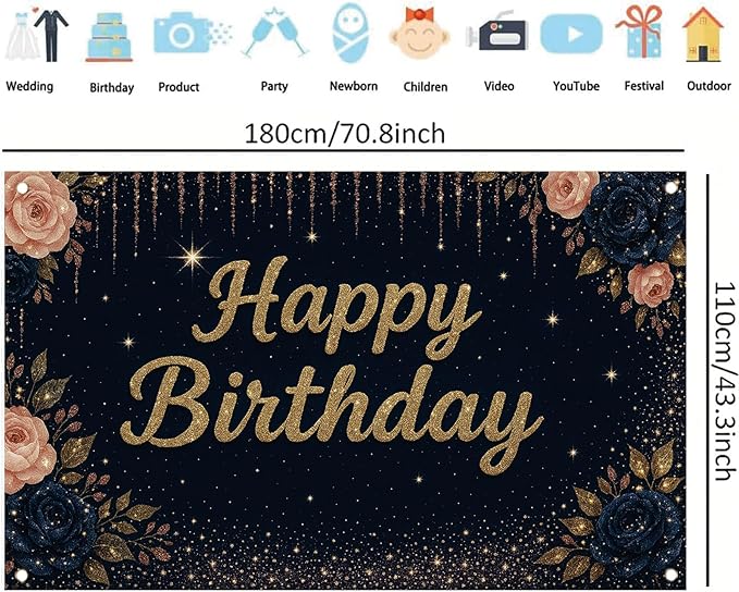 Happy Birthday Backdrop Banner Navy Blue Gold Glitter Rose Floral Birthday Party Decorations Photography Background Wedding Baby Shower Decor Booth Studio Props Supplies 71 x 43 Inch