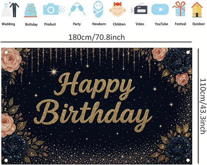 Happy Birthday Backdrop Banner Navy Blue Gold Glitter Rose Floral Birthday Party Decorations Photography Background Wedding Baby Shower Decor Booth Studio Props Supplies 71 x 43 Inch