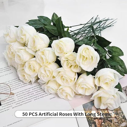 50PCS Artificial Roses with Long Stems - Realistic Silk Flowers, Fake Roses Real Touch Bouquet of Roses for Home Decor, Bridal Wedding Party Table Centerpieces, Bulk Faux Rose Flowers (White)