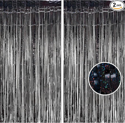 BRAVESHINE Black Party Foil Fringe Curtains - 2 Pack Metallic Tinsel Photo Booth Streamers Backdrop for New Years, Boy, Men, Birthdays, Stranger Theme, Music, Prom, Christmas Party Decorations