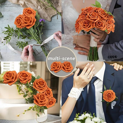 100PCS Artificial Flowers Burnt Orange Roses Real Looking Foam Fake Roses with Leaves and for DIY Wedding Bouquets Bridal Shower Centerpieces Party Decorations (Burnt Orange, 100)