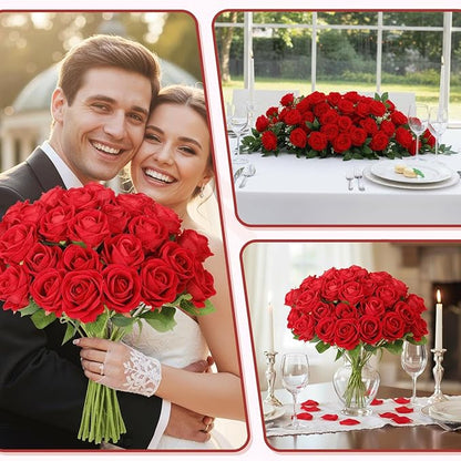 52 PCS Red Roses Artificial Flowers, Fake Red Rose Bouquet, Artificial Silk Red Roses with Stems for Wedding Flowers Decoration, Valentines Day Mothers Day, Bridal Bouquet Roses