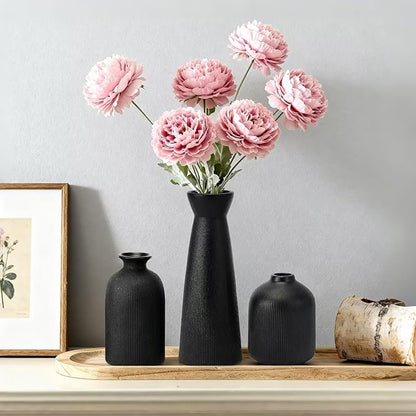 Christmas Black Ceramic Flower Vases Set of 3, Large Xmas Gift Vases with Vertical Stripe Texture, Modern Decorative Vases for Dried Flowers, Home Decor for Living Room Bedroom Kitchen Shelf