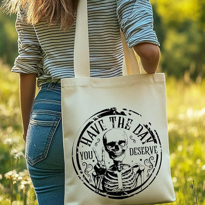 ANATTASOUL Halloween Canvas Tote Bag Black Skull Circle Reusable Cotton Bag for Women, Durable Cloth Shoulder Bags with Zipper Pockets for Shopping, Vacation, Work, Gym