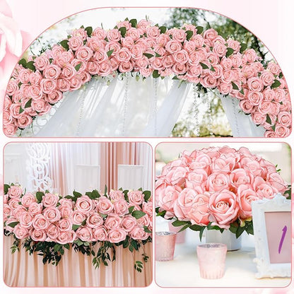 80 Pcs Roses Artificial Flowers, Silk Light Pink Artificial Flowers Petals Long Stem Roses for Wedding Bouquet Home Party Decor