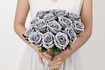 SITUMEIZI 15PCS Artificial Roses Silk Flowers Fake Roses Realistic Bouquet Long Stem with Gift Box for Mother's Gift Day Home Party Wedding Decorations(Silver)