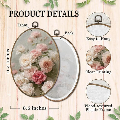 SHQIEUDH Vintage Pink Rose Floral Oval Wall Art 8.6x11.4, Cottagecore Flower Framed Canvas Prints Artwork, Retro Rustic Flowers Botanical Oval Wall Hanging Decor for Living Room Home Bedroom Kitchen