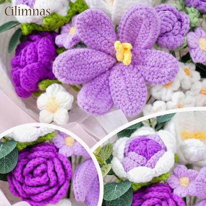 Cilimnas Crochet Flower Bouquet,Purple Knitted Flowers, Handmade Tulips Roses Bouquet for Birthday Party Mother's Day Graduation Gifts
