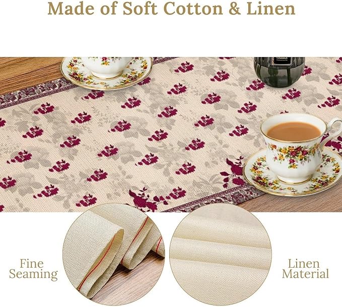 Elegant Floral Table Runner, Vintage Burgundy Maroon Flowers Classic Art Table Decoration Runner for Kitchen Dining Holiday Party Wedding Home Decor, 13x108 Inch