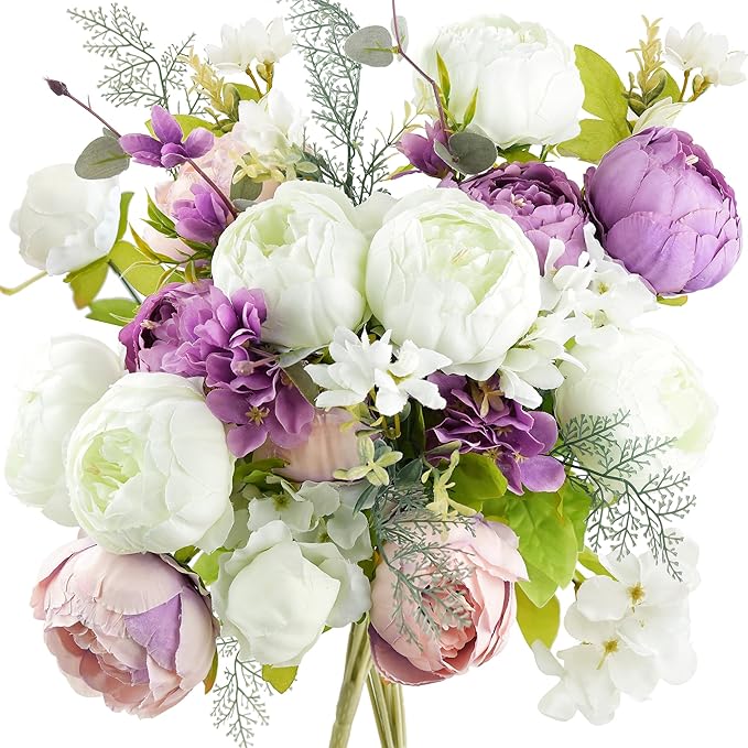 FiveSeasonStuff Artificial Peonies Bouquet – Set of 2 Whimsical Lavender Bliss Silk Flowers, Purple and White Blooms, Multiple Stems per Main Stem, for Weddings, Home Decor, DIY Floral Arrangements