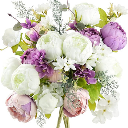 FiveSeasonStuff Artificial Peonies Bouquet – Set of 2 Whimsical Lavender Bliss Silk Flowers, Purple and White Blooms, Multiple Stems per Main Stem, for Weddings, Home Decor, DIY Floral Arrangements