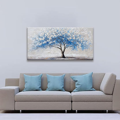 Suconvng Wall Art Blue Tree Of Life Modern Wall Artwork Canvas Art Wall Decor Pictures Painting Blue Tree Abstract Wall Decor For Living Room Bedroom Dining Room Home Office Artwork 24"×48"