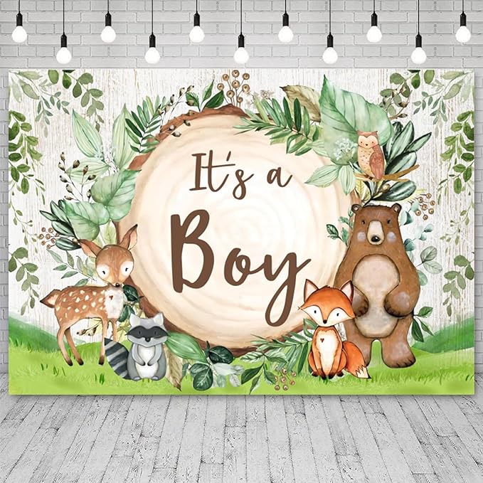 9x6ft Woodland Baby Shower Backdrop It's a Boy Photography Background Jungle Green Grass Safari Animals Bear Fox Baby Boys Party Banner Decorations Newborn Portrait Photo Booth Prop