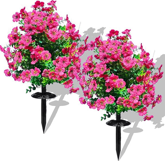 2 Pack Artificial Boxwood Topiary Ball Trees - 23" with Ground Spike, Weather Proof UV Resistant Faux Greenery Shrubs & Bushes for Indoor/Garden, Yard, Porch, Patio Decor (Rose Red)