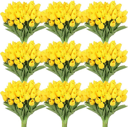 Janinka 100pcs Artificial Tulip Flowers Fake PU Tulips Faux Latex Bouquet Flower Centerpieces Arrangement Floral for Mother Day Wedding Spring Decorations (Yellow)