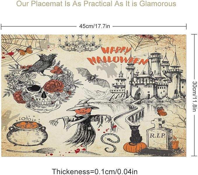 Halloween Placemats Vintage Rustic Farmhouse Gothic Dark Castle Halloween Witch Pumpkin Black Cat Raven Skull Moths Placemats Table Kitchen Dining Party 12x18 Inch Set of 6