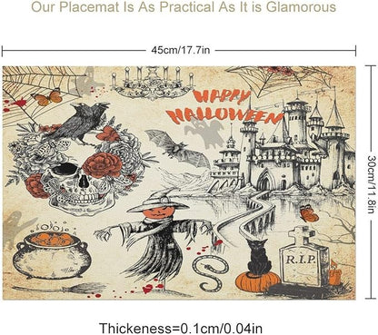 Halloween Placemats Vintage Rustic Farmhouse Gothic Dark Castle Halloween Witch Pumpkin Black Cat Raven Skull Moths Placemats Table Kitchen Dining Party 12x18 Inch Set of 4