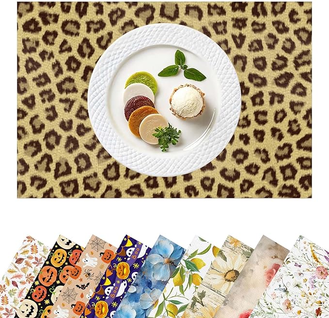 Placemats Set of 4 Waterproof Oilproof Table Mats Leopard Print Pattern Washable Wipeable Heat Resistant Easy to Clean for Indoor Outdoor Party Kitchen Dining Table Decoration 12 * 18in