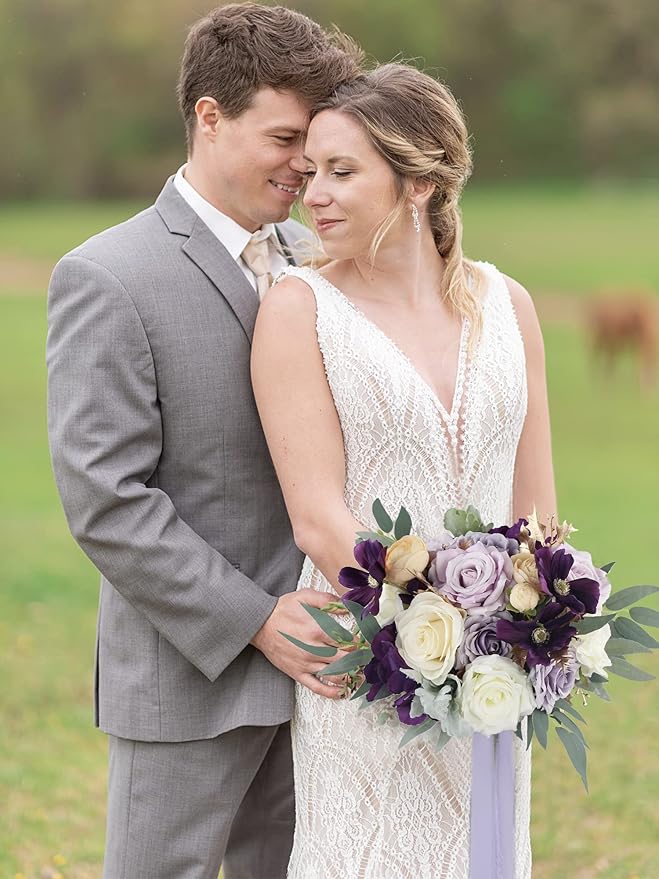 Rinlong Wedding Bouquet for Bride 11" Violet Purple Bridal Bouquets Artificial Flowers Purple Silk Wedding Proposal Bouquet