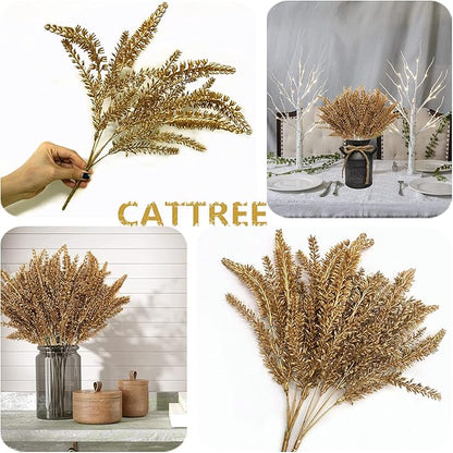 CATTREE Christmas Fake Plants, Artificial Plastic Grass Golden Shrubs Faux Lavender Leaves Simulation Bushes Home Indoor Wedding Decoration Hall Table Planter Filler Decoration - Gold 3 Pack