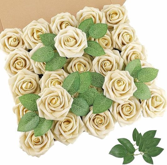 AmyHomie 25pcs Real Looking Artificial Beige Roses w/Stem for DIY Wedding Bouquets Centerpieces Arrangements Party Baby Shower Valentines Day Christmas Tree Decorations