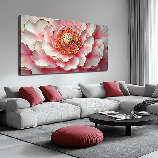 Elegant Pink & White Peony Floral Canvas Wall Art with Gold Accents, Abstract Flower Pictures for Living Room Bedroom Wall Decor, Printed Painting Artwork Home Decorations, Large Size 58x29 Inches