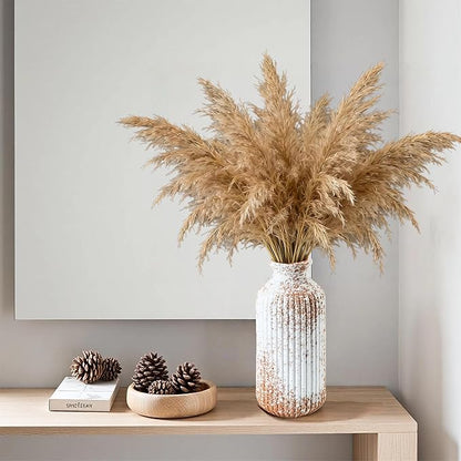 Ceramic Flower Vase Home Décor, 9.25 Inch Rustic Farmhouse Vase, Ribbed Vintage Vase, Pottery Decorative Vases for Living Room, Entryway Table, Shelf, Kitchen Island, Coffee Table(Mottled-Brown)