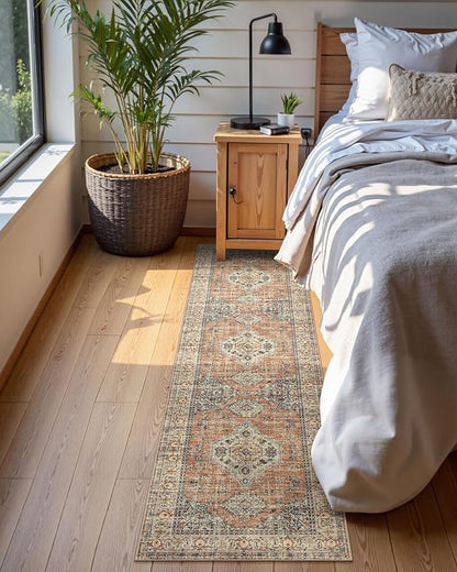 Lahome Oriental Washable Kitchen Runner Rug Non Slip, 2x8 Runners for Hallways with Rubber Backing, Vintage Soft Long Carpet for Bathroom Laundry Bedroom, Peach/Orange